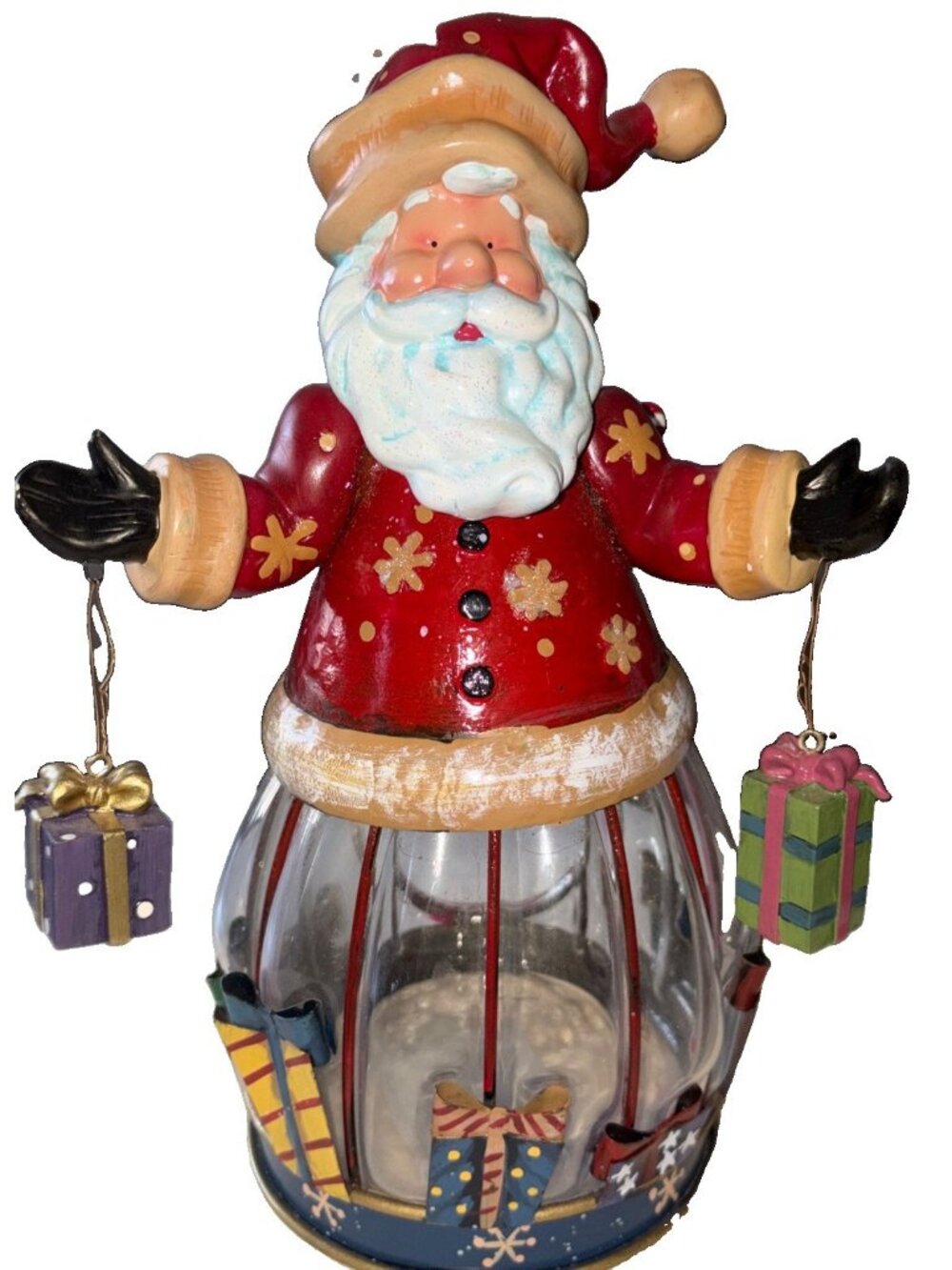 Santa Claus Vintage Glass and Metal Christmas Tea Light Holder-10”